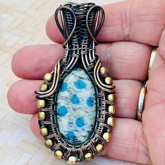 K-2 Agate Stone Wire Wrapped Copper Pendant - Picture 3 of 5